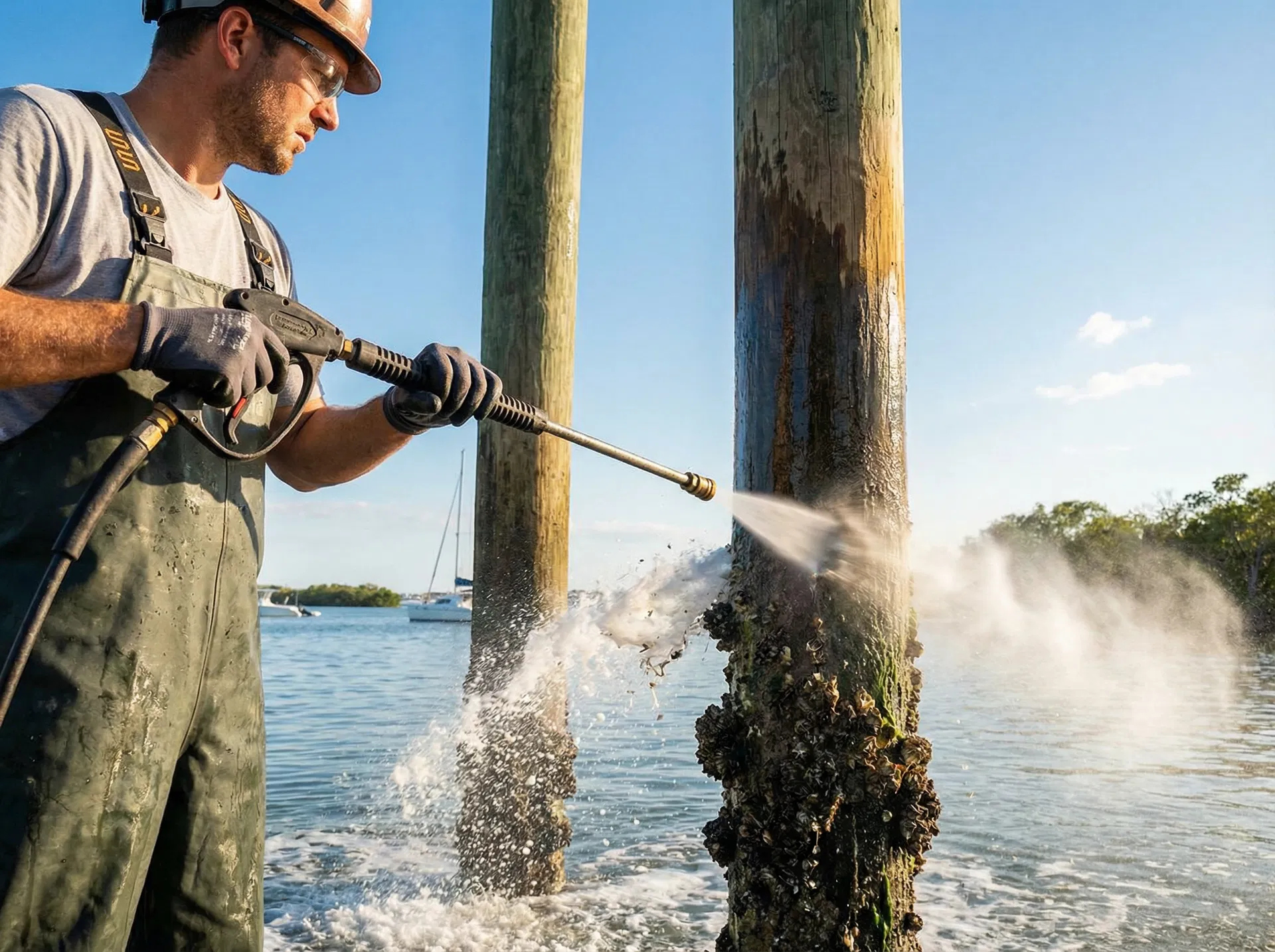 SeaFire Cleaning dock piling cleaning action