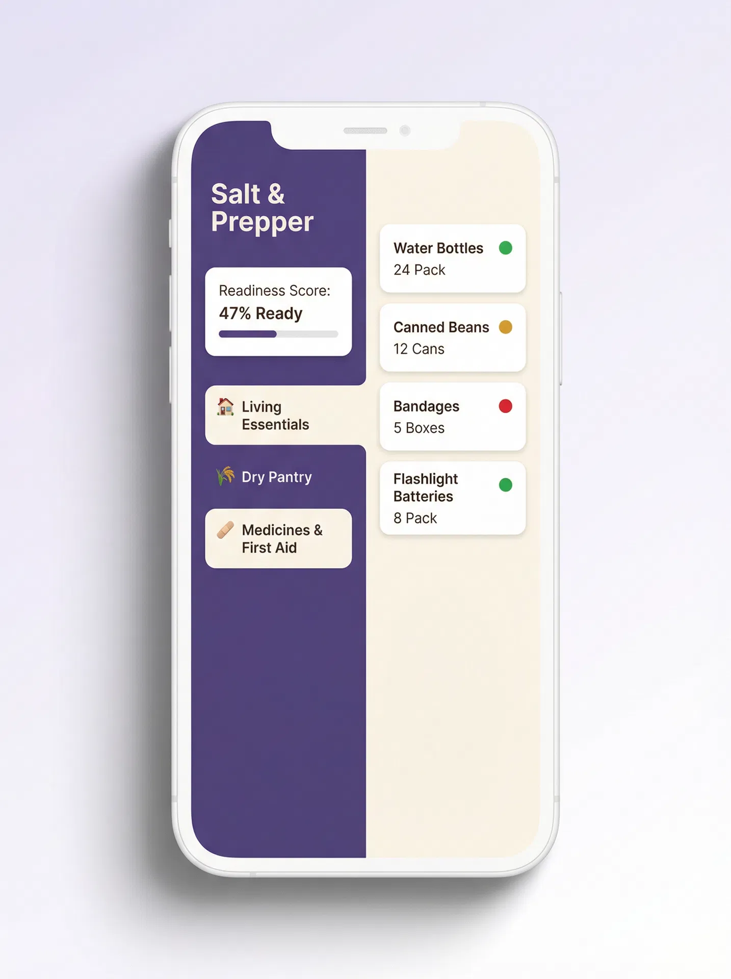 Salt & Prepper app dashboard on a smartphone