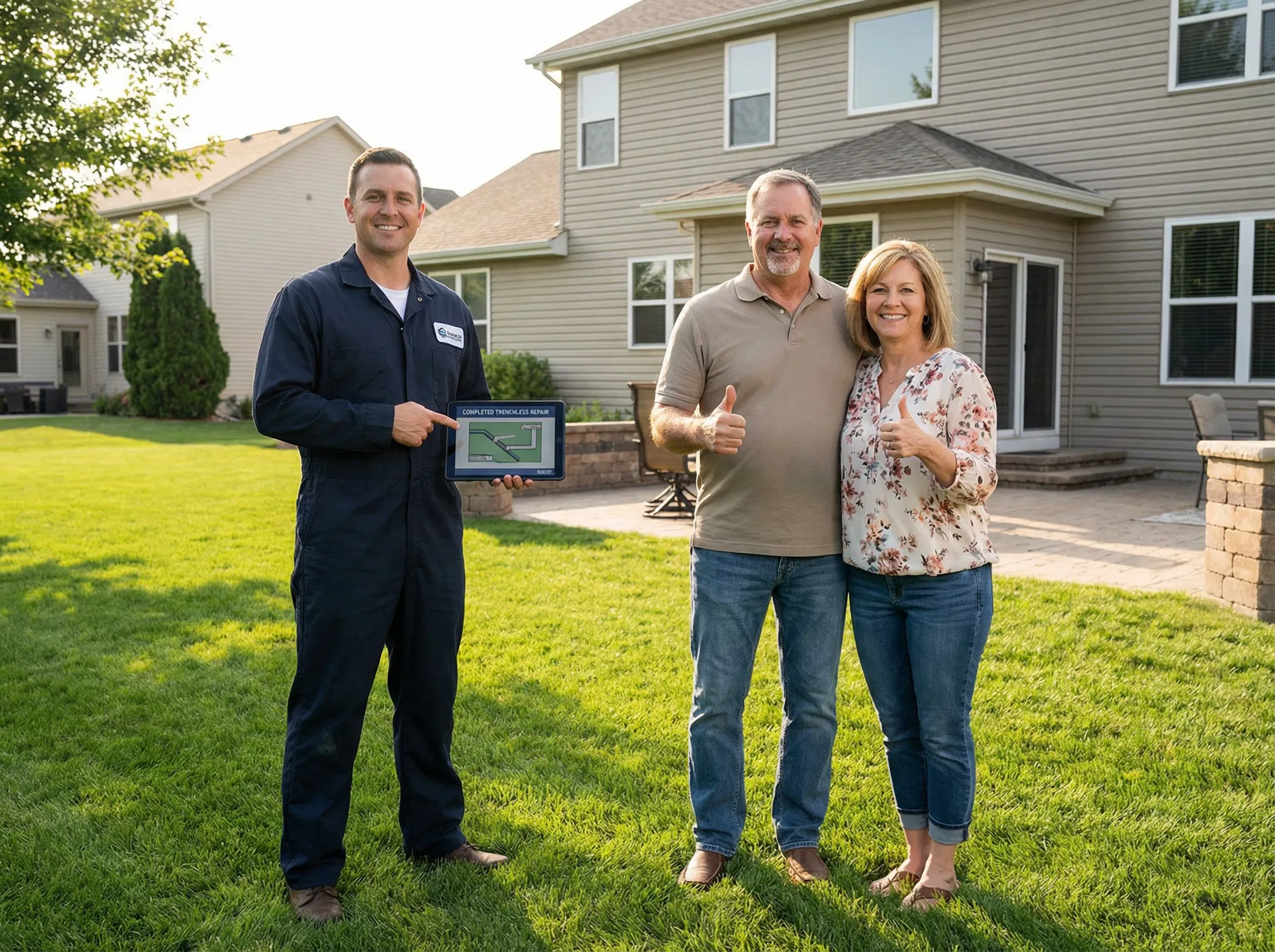 Happy homeowners with trenchless pipe lining technician