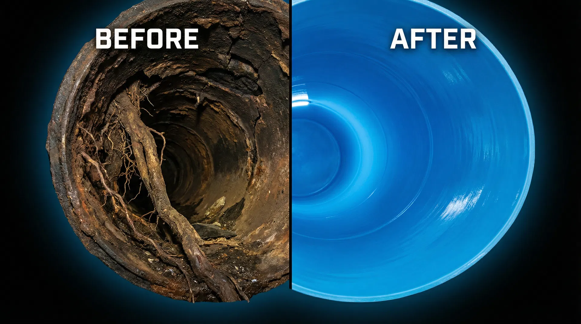 Before and after trenchless pipe lining comparison