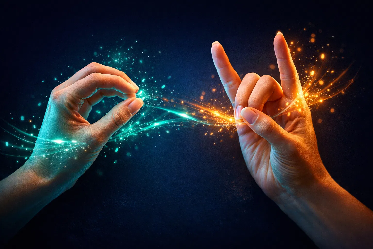 Mani che comunicano in lingua dei segni con effetti luminosi