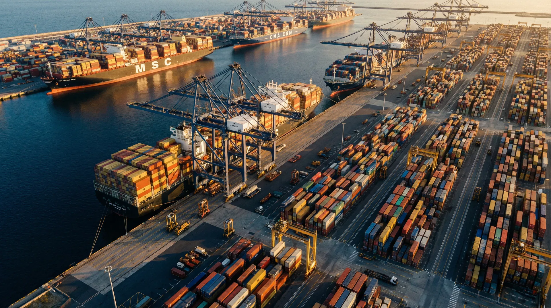 Large container port operations aerial view