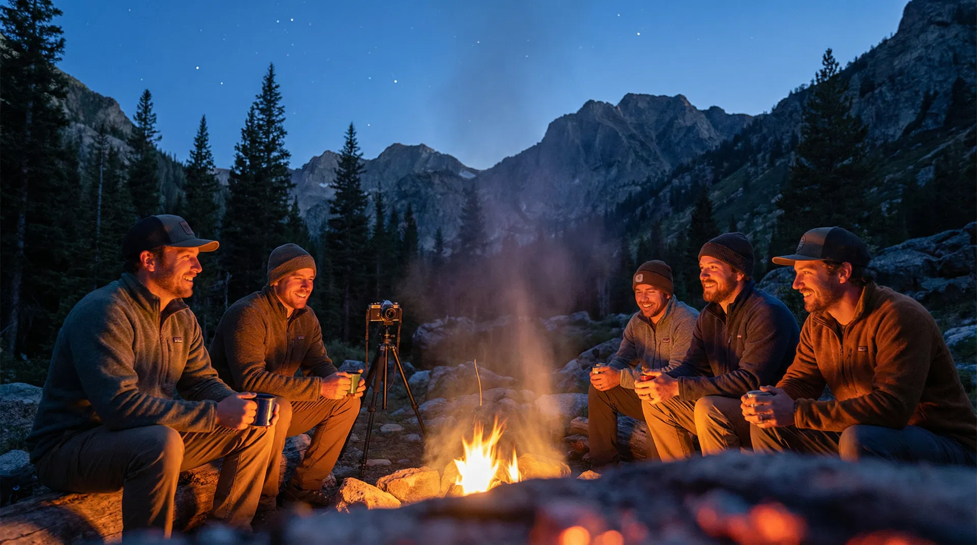Community gathering around a campfire