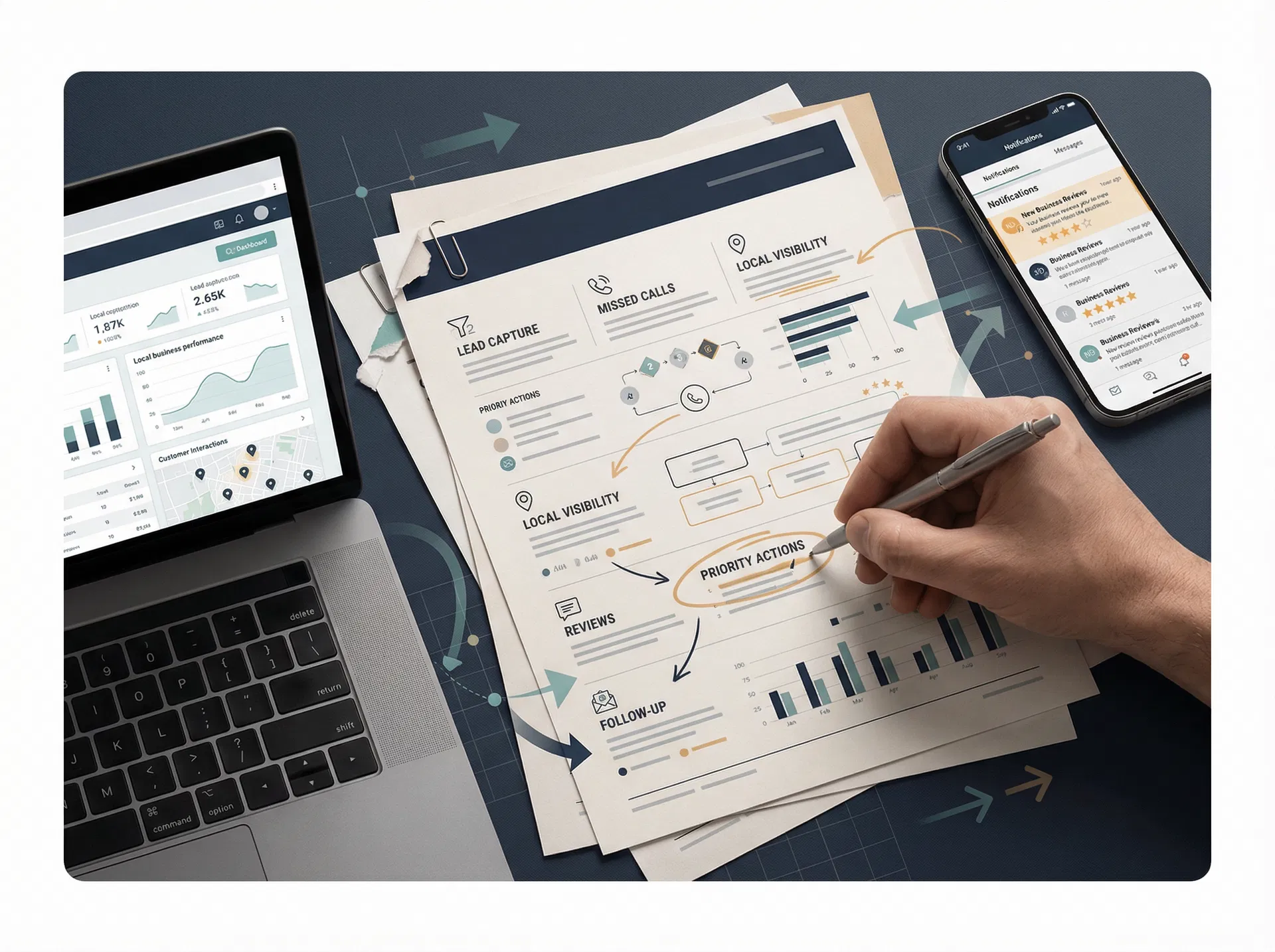 Business review documents and local visibility analysis laid out on a desk