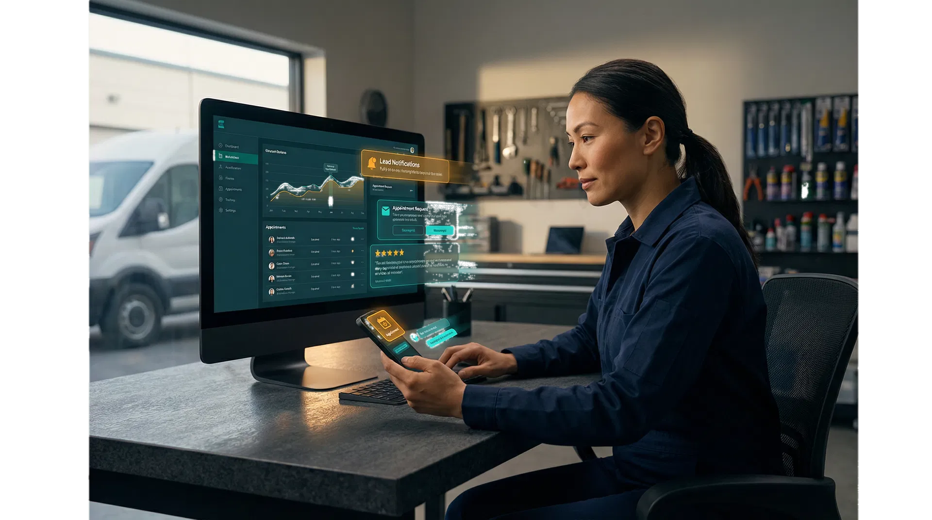 Business owner reviewing local visibility, review signals, and growth dashboards