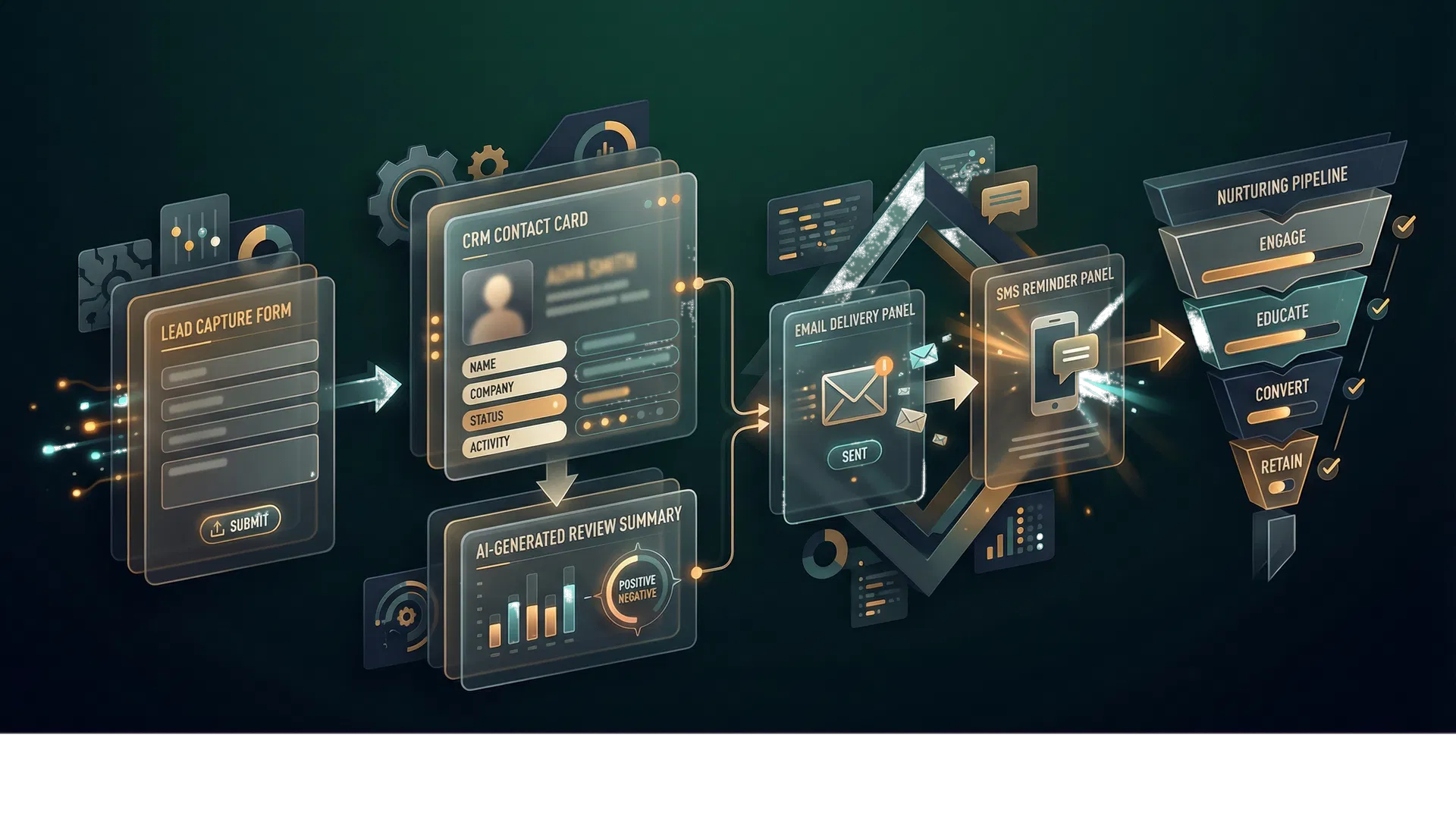 Operational dashboard showing lead flow, scheduling, and admin support panels