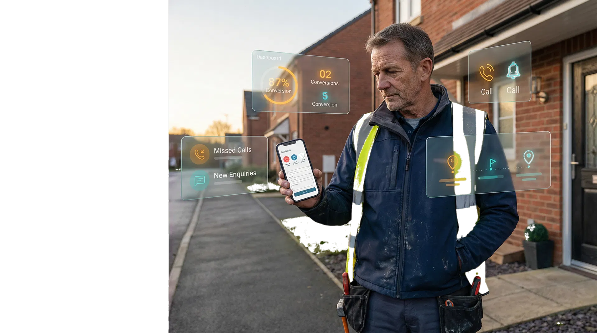 Tradesperson reviewing incoming lead alerts and receptionist support on a mobile device