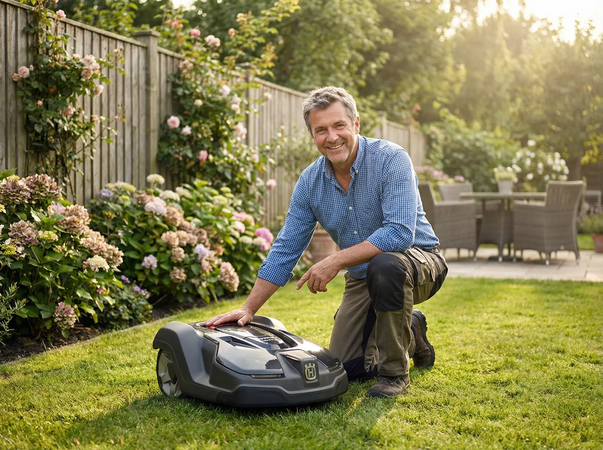 Gartenbesitzer mit Mähroboter