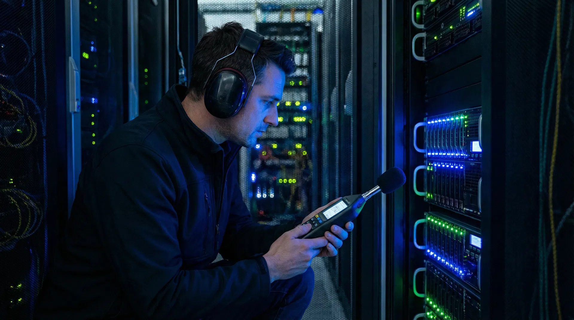 Acoustic engineer measuring infrasound in a data center