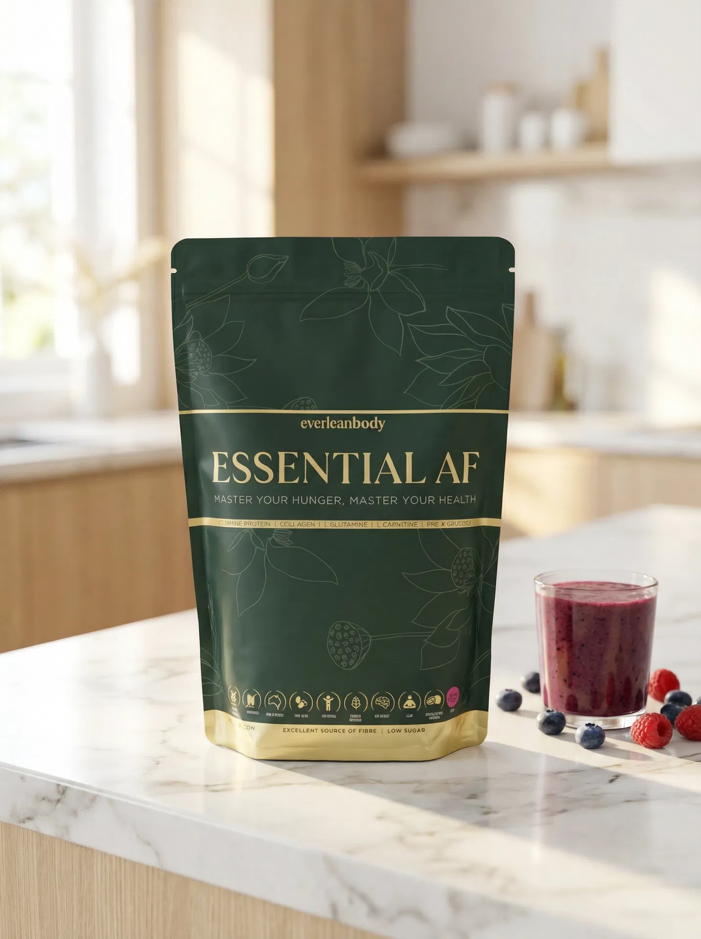 EssentialAF product with berry smoothie