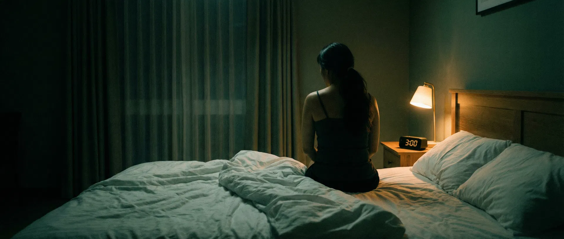 Woman sitting on bed at 3am
