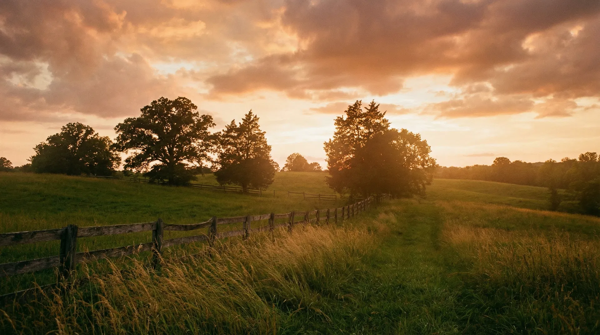 Golden-hour Tennessee countryside — rolling hills, rustic fence line, and ancient oaks at sunset