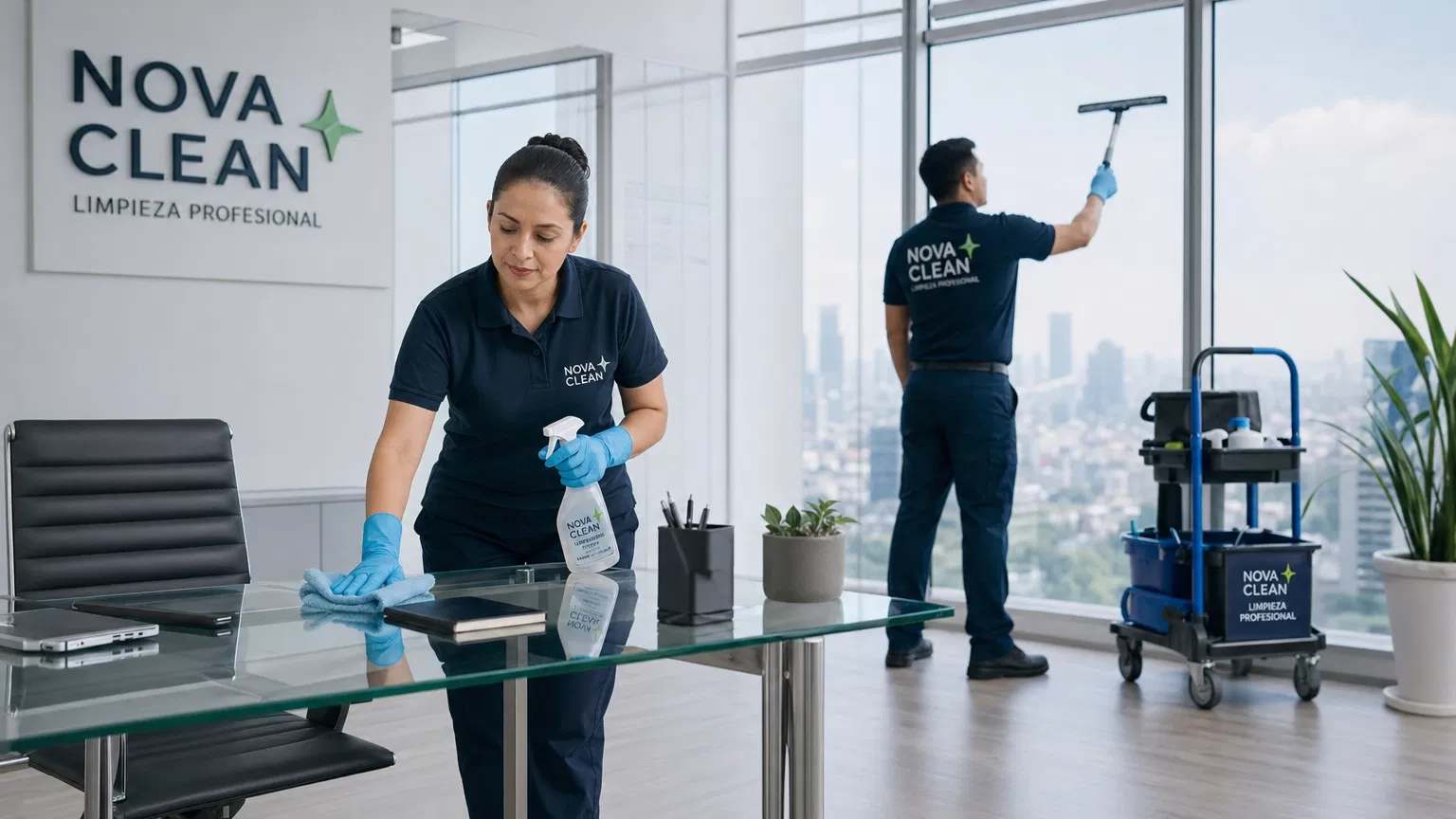 Equipo de limpieza profesional en oficina