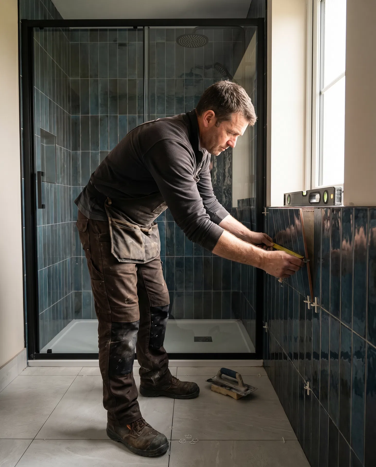 Ian Straub working carefully on a shower tiling installation