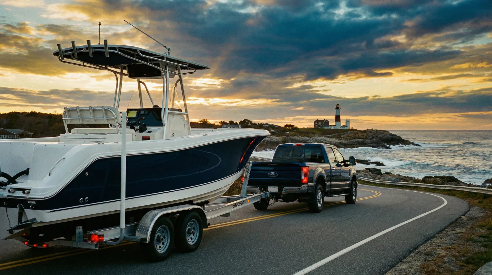 Large yacht being transported on New England coastal road