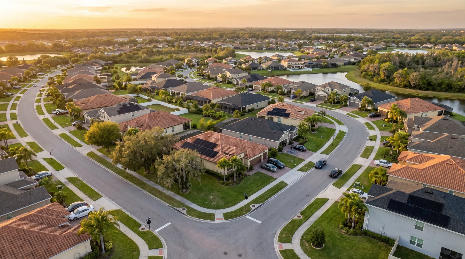 Solar companies in Brandon, Florida — aerial view of residential neighborhood with solar panels installed