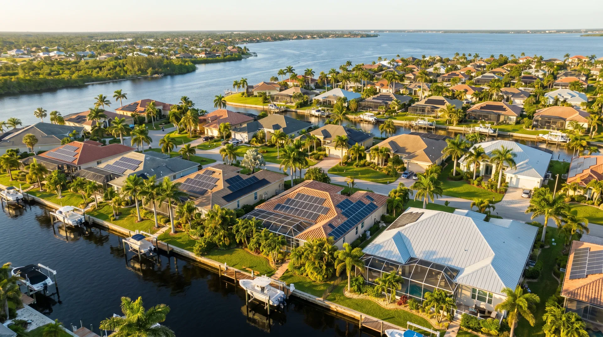 Solar companies in Charlotte County, Florida — aerial view of residential neighborhood with solar panels installed