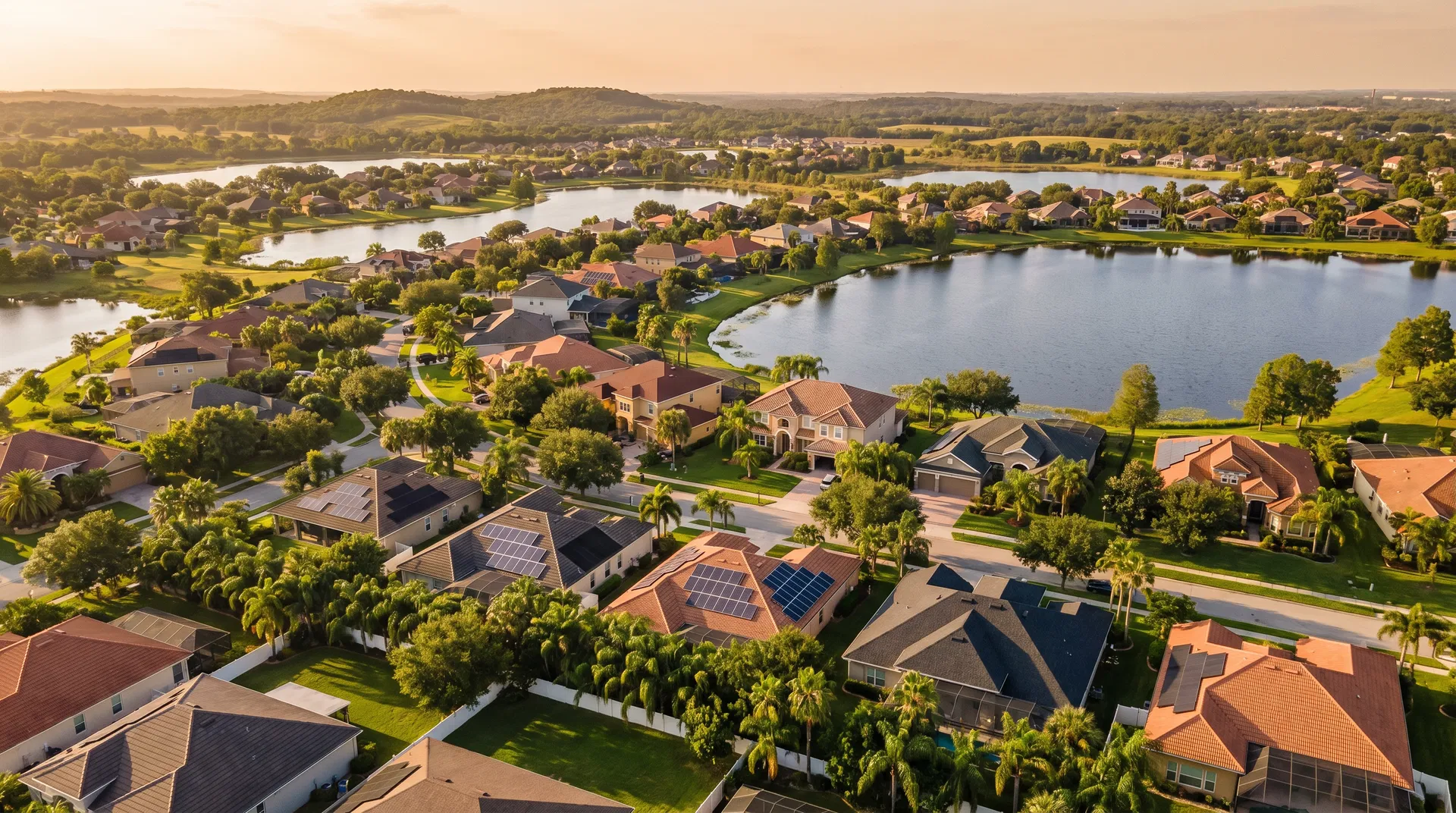 Solar companies in Clermont, Florida — aerial view of residential neighborhood with solar panels installed