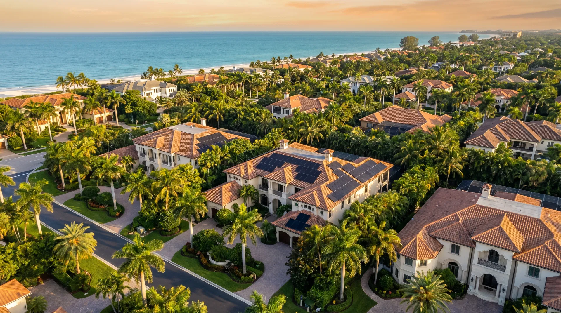 Solar companies in Collier County, Florida — aerial view of residential neighborhood with solar panels installed