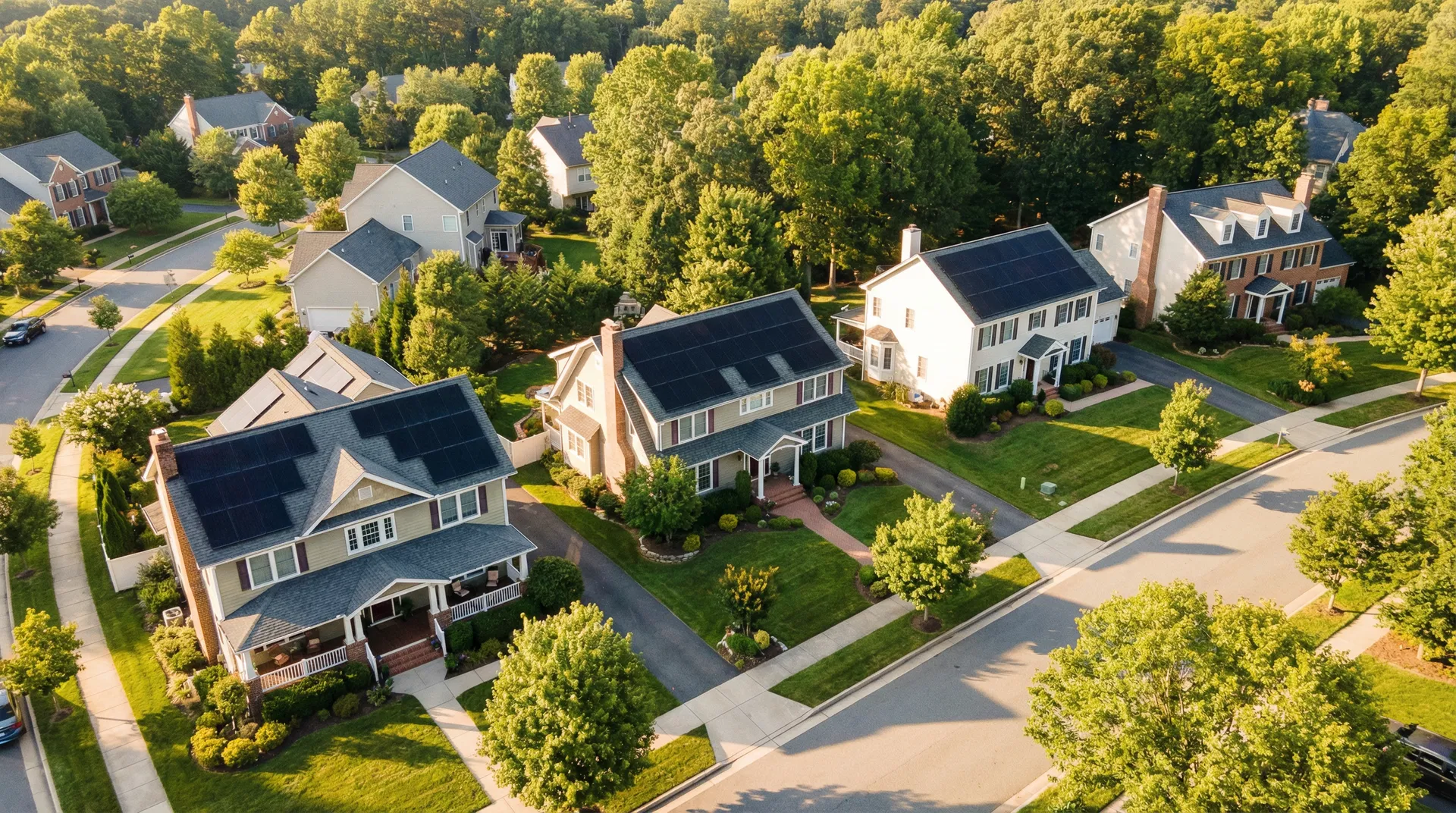 Residential neighborhood with solar panels
