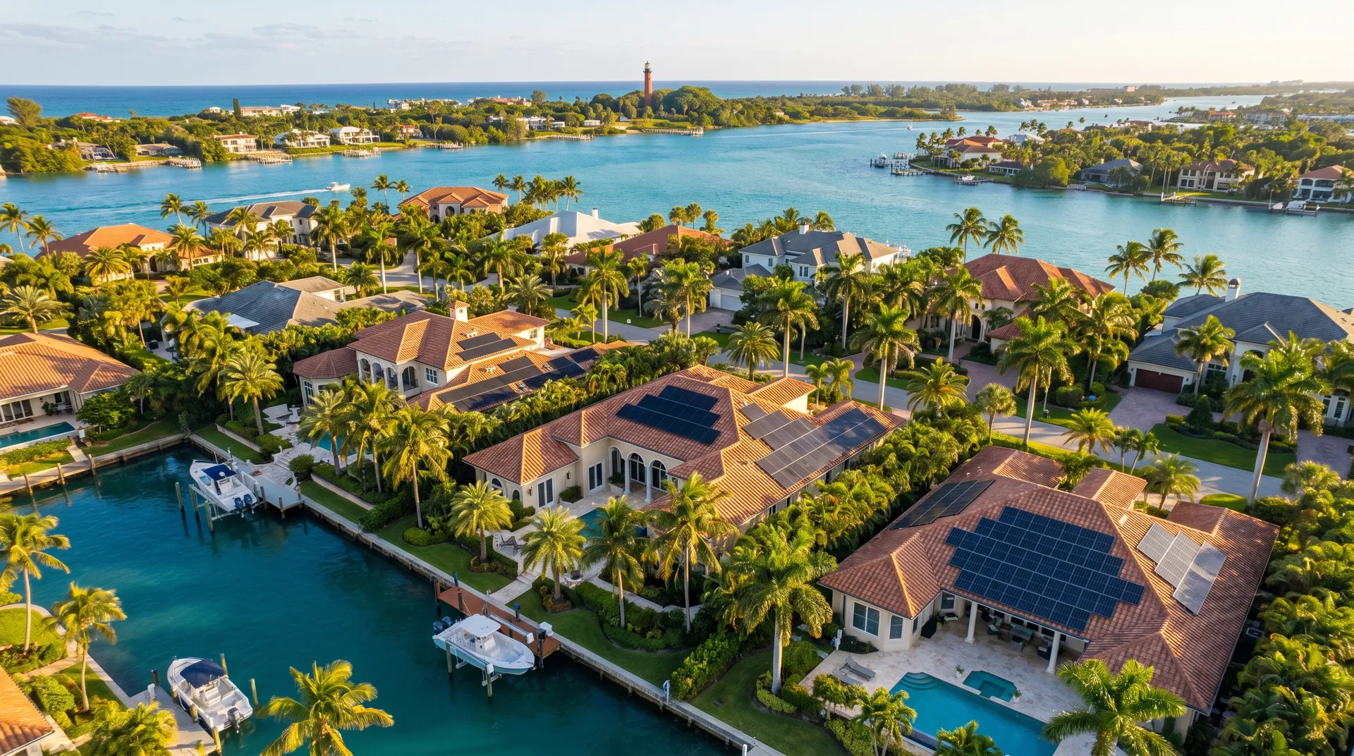 Solar companies in Jupiter, Florida — aerial view of residential neighborhood with solar panels installed