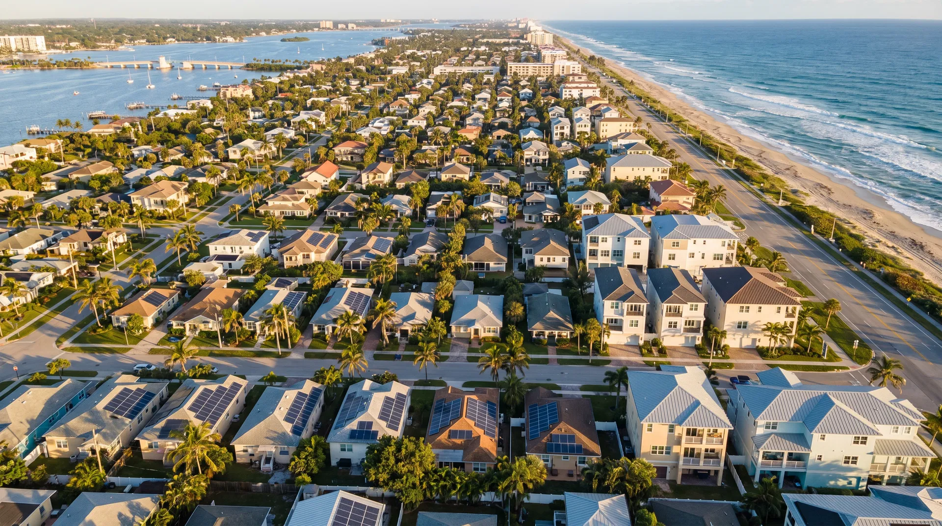 Solar companies in Lake Worth, Florida — aerial view of residential neighborhood with solar panels installed