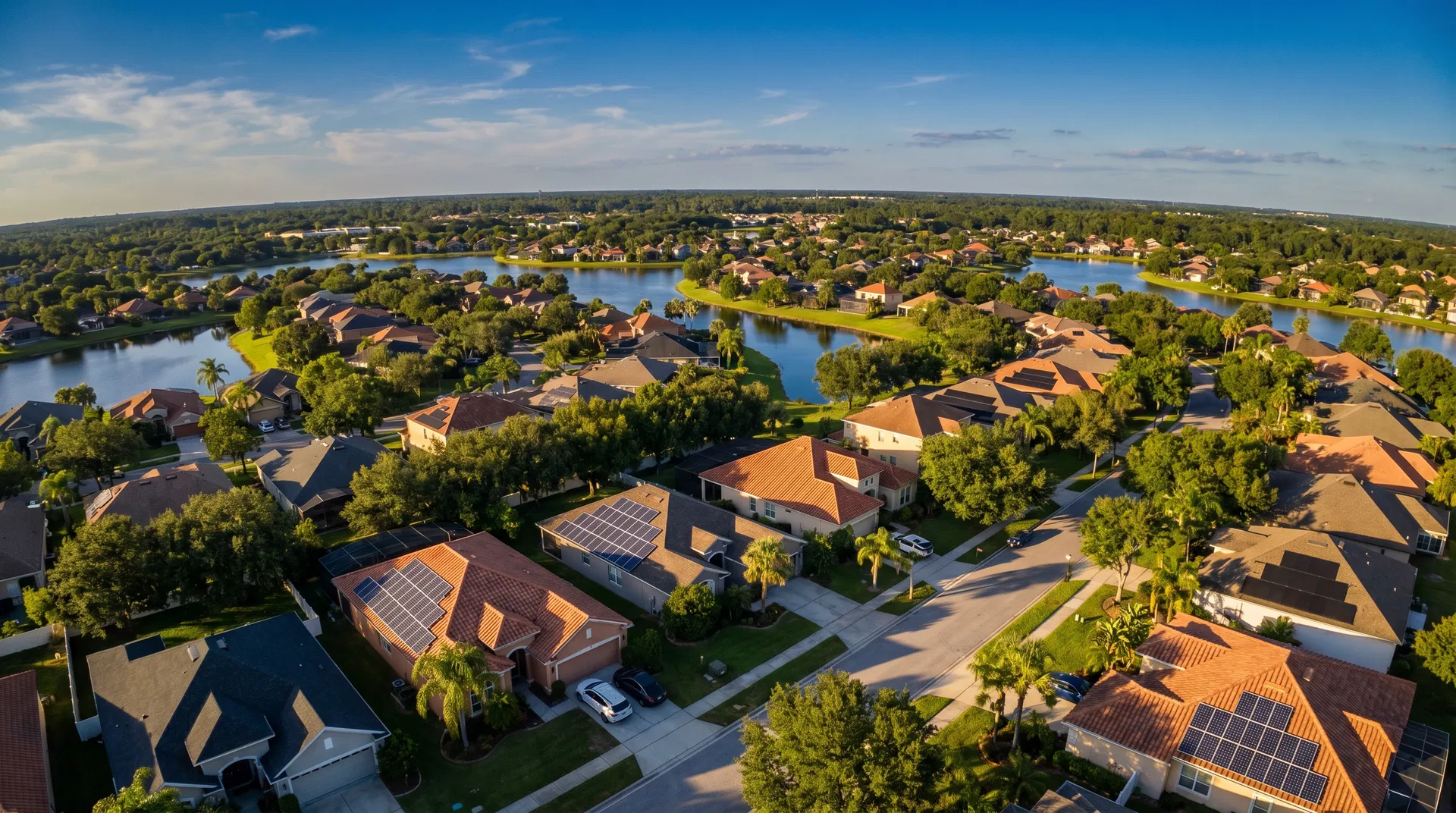 Solar companies in Orlando, Florida — aerial view of residential neighborhood with solar panels installed