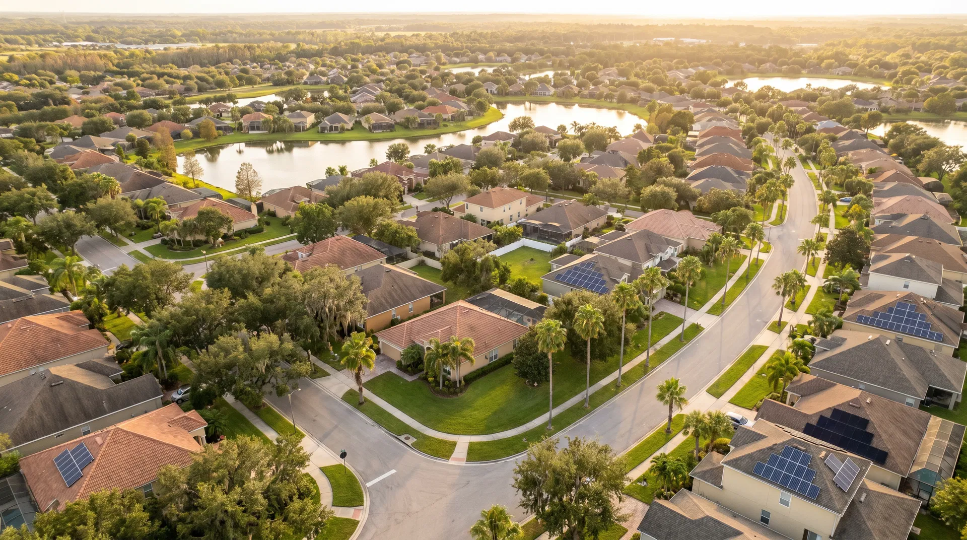 Solar companies in Oviedo, Florida — aerial view of residential neighborhood with solar panels installed