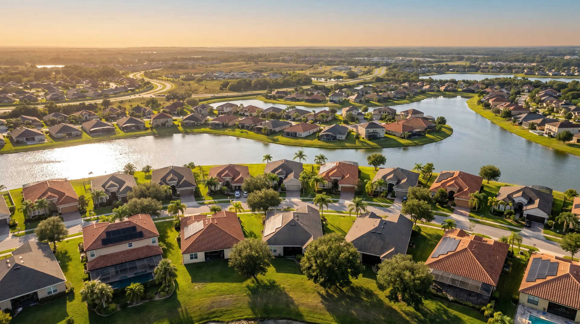 Solar companies in Polk County, Florida — aerial view of residential neighborhood with solar panels installed