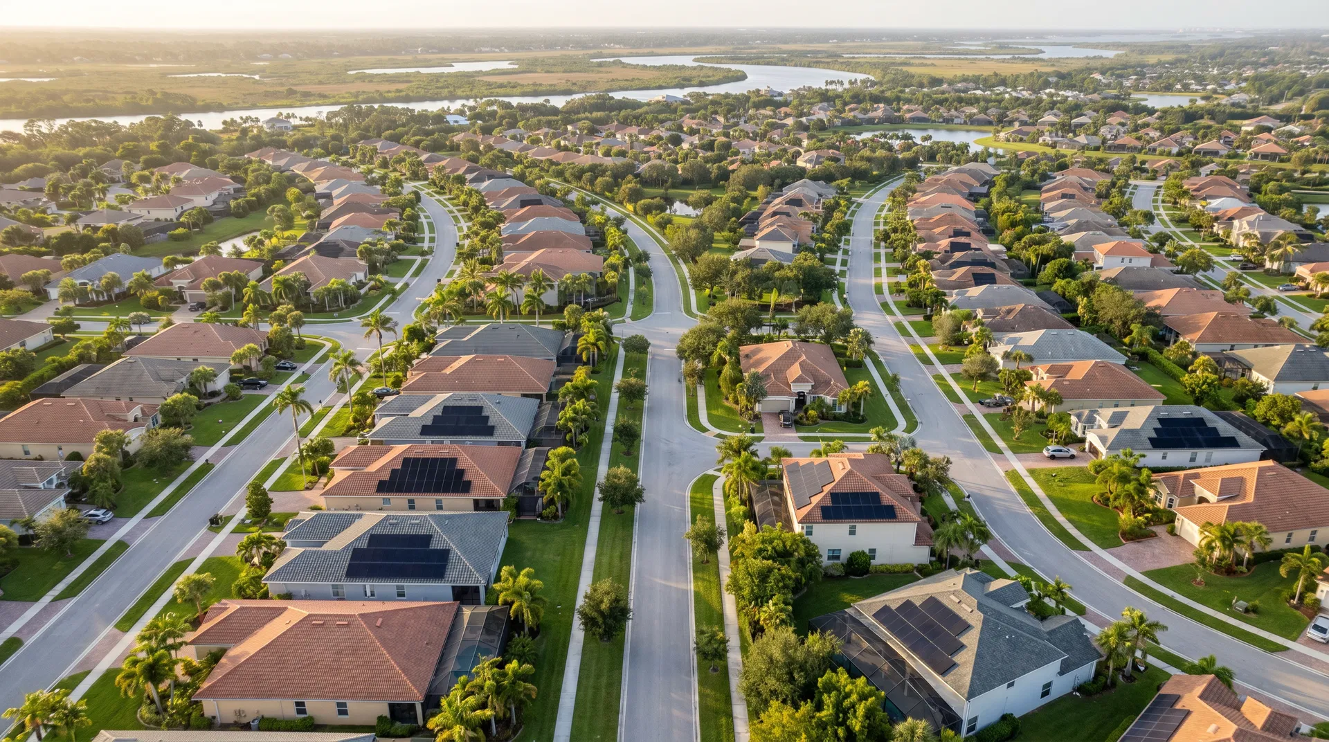 Solar companies in Port Saint Lucie, Florida — aerial view of residential neighborhood with solar panels installed