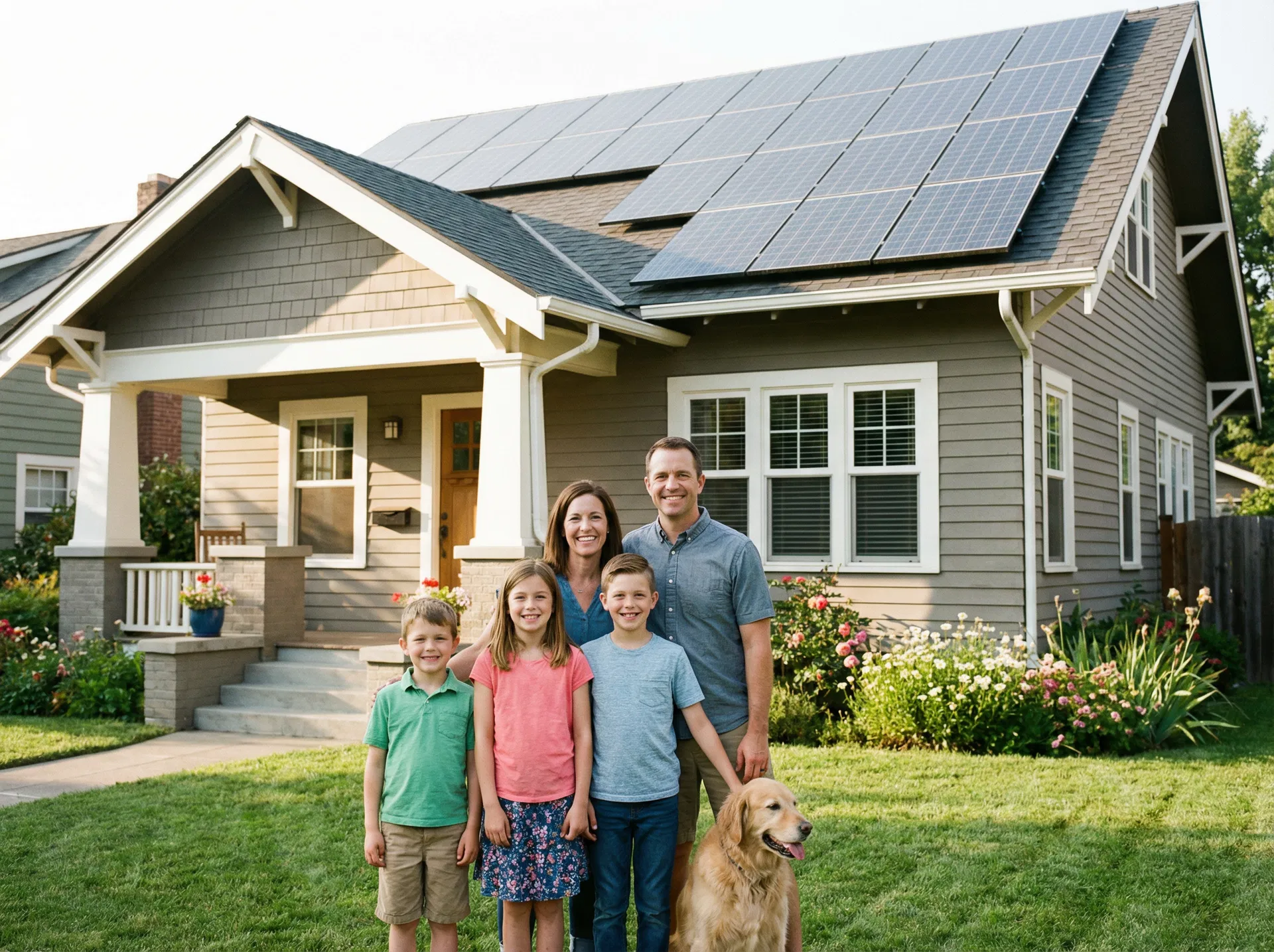 Happy family in front of their solar home