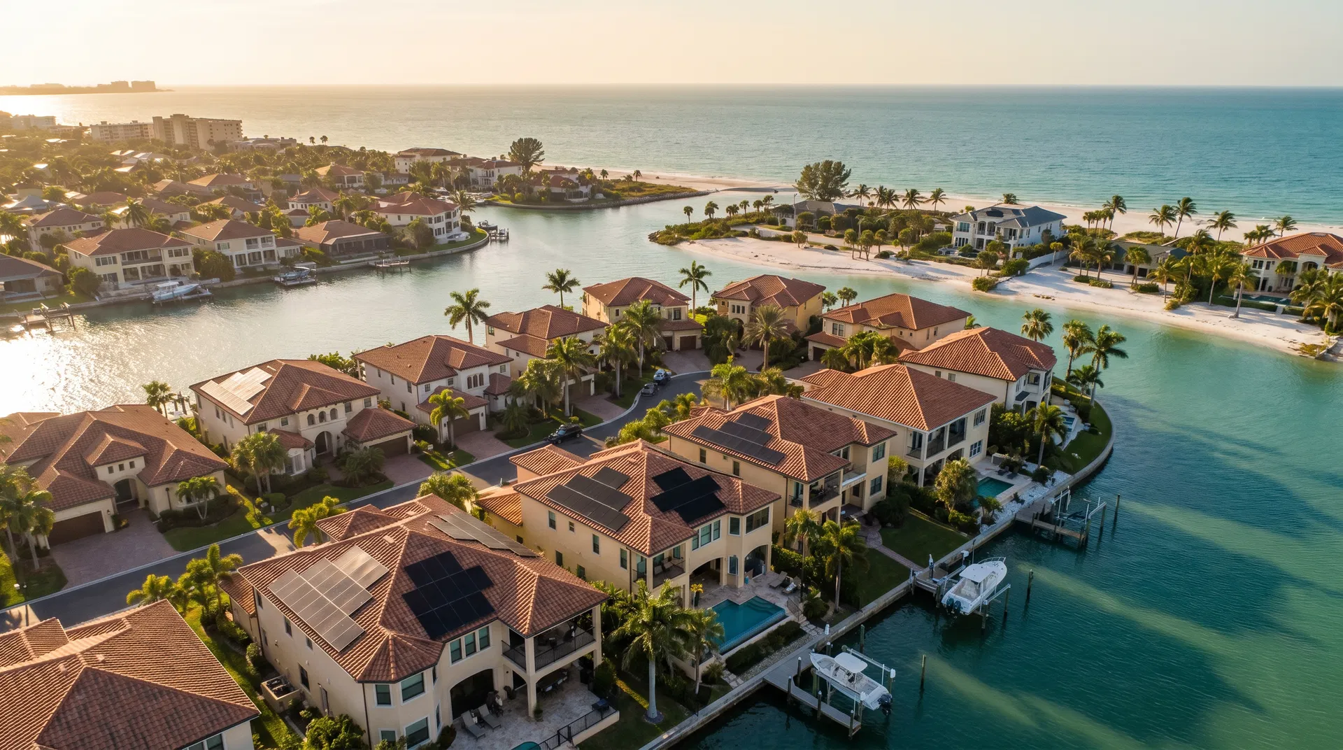 Solar companies in Sarasota, Florida — aerial view of residential neighborhood with solar panels installed