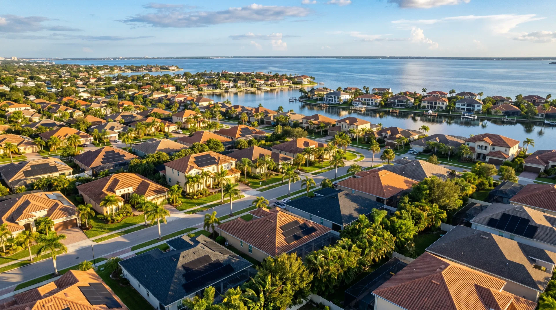 Solar companies in Tampa, Florida — aerial view of residential neighborhood with solar panels installed