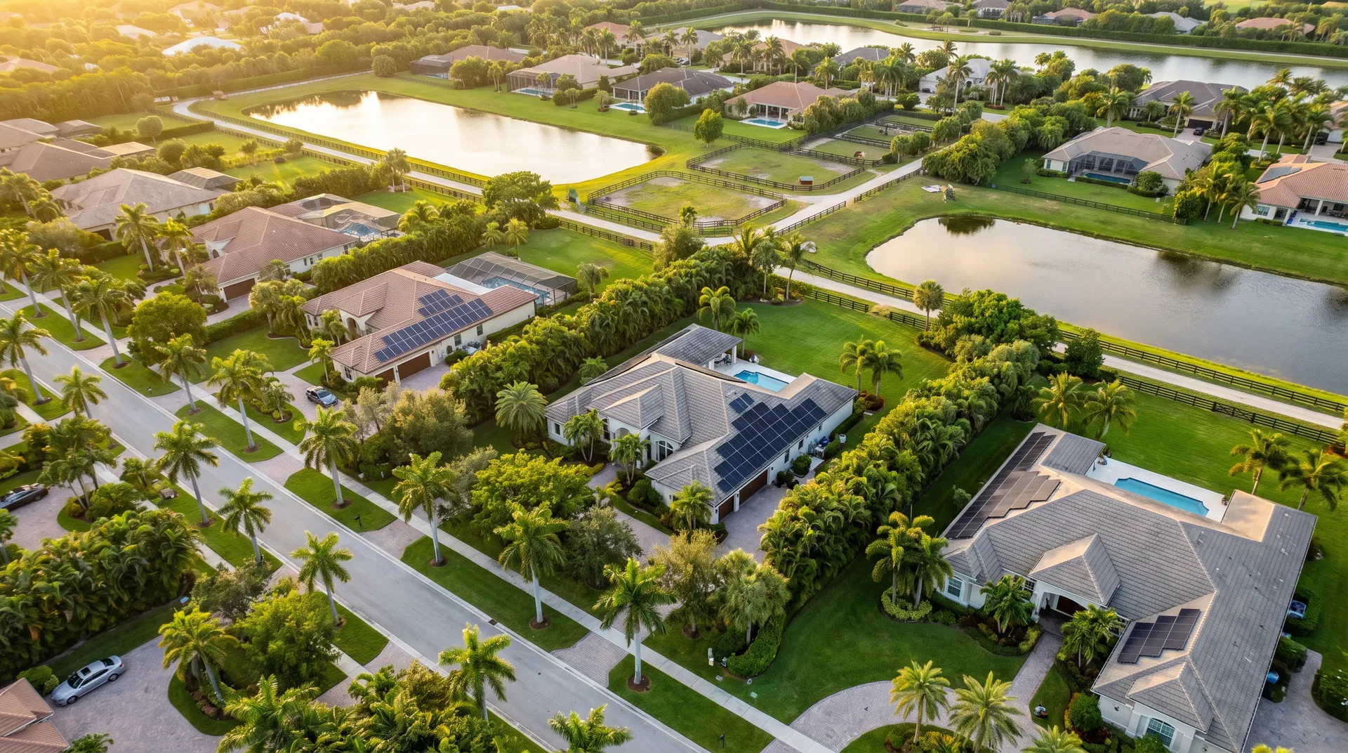 Solar companies in Wellington, Florida — aerial view of residential neighborhood with solar panels installed