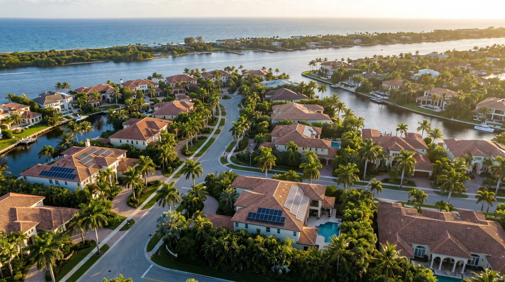 Solar companies in West Palm Beach, Florida — aerial view of residential neighborhood with solar panels installed