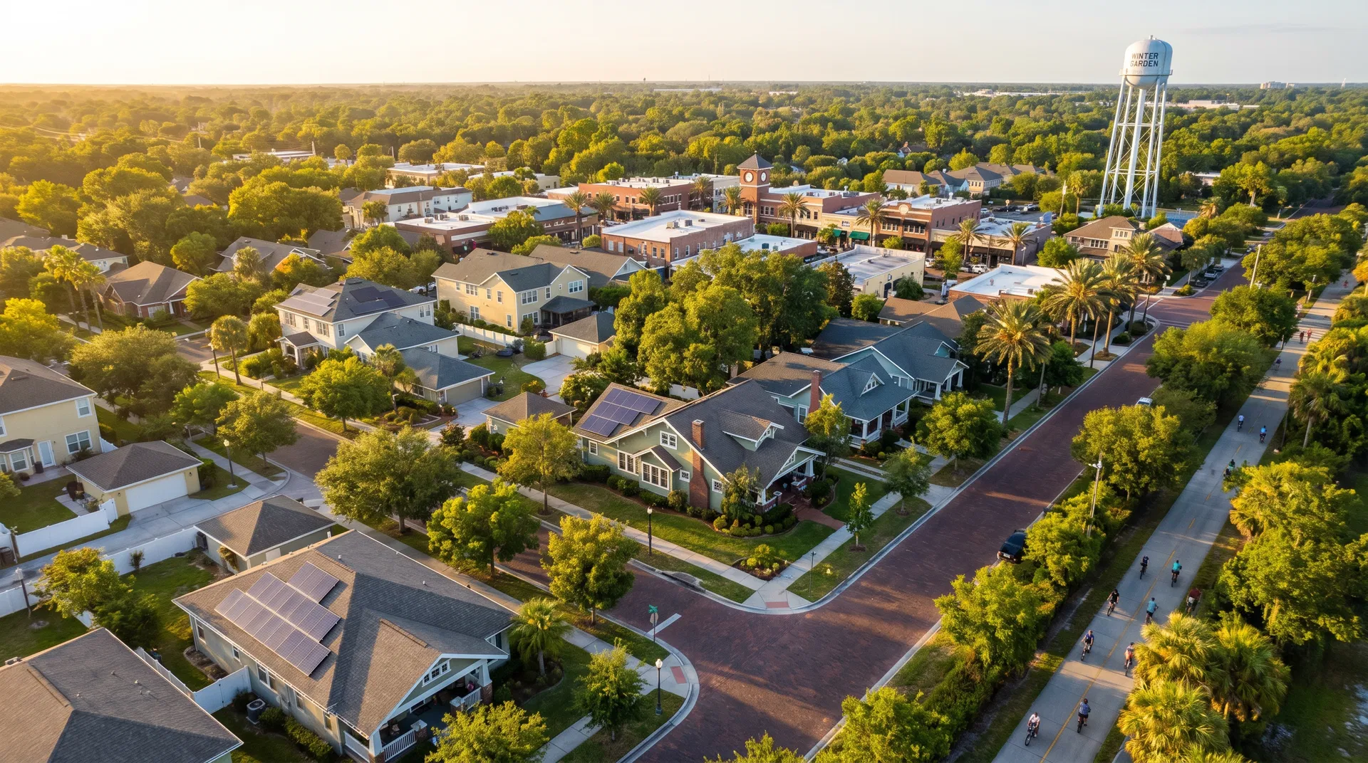 Solar companies in Winter Garden, Florida — aerial view of residential neighborhood with solar panels installed
