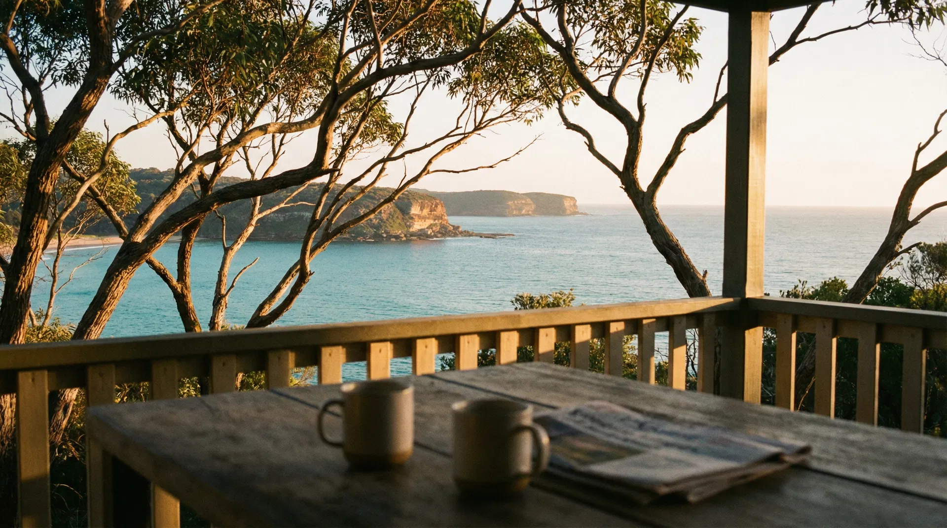 Australian coastal view from a timber veranda at golden hour