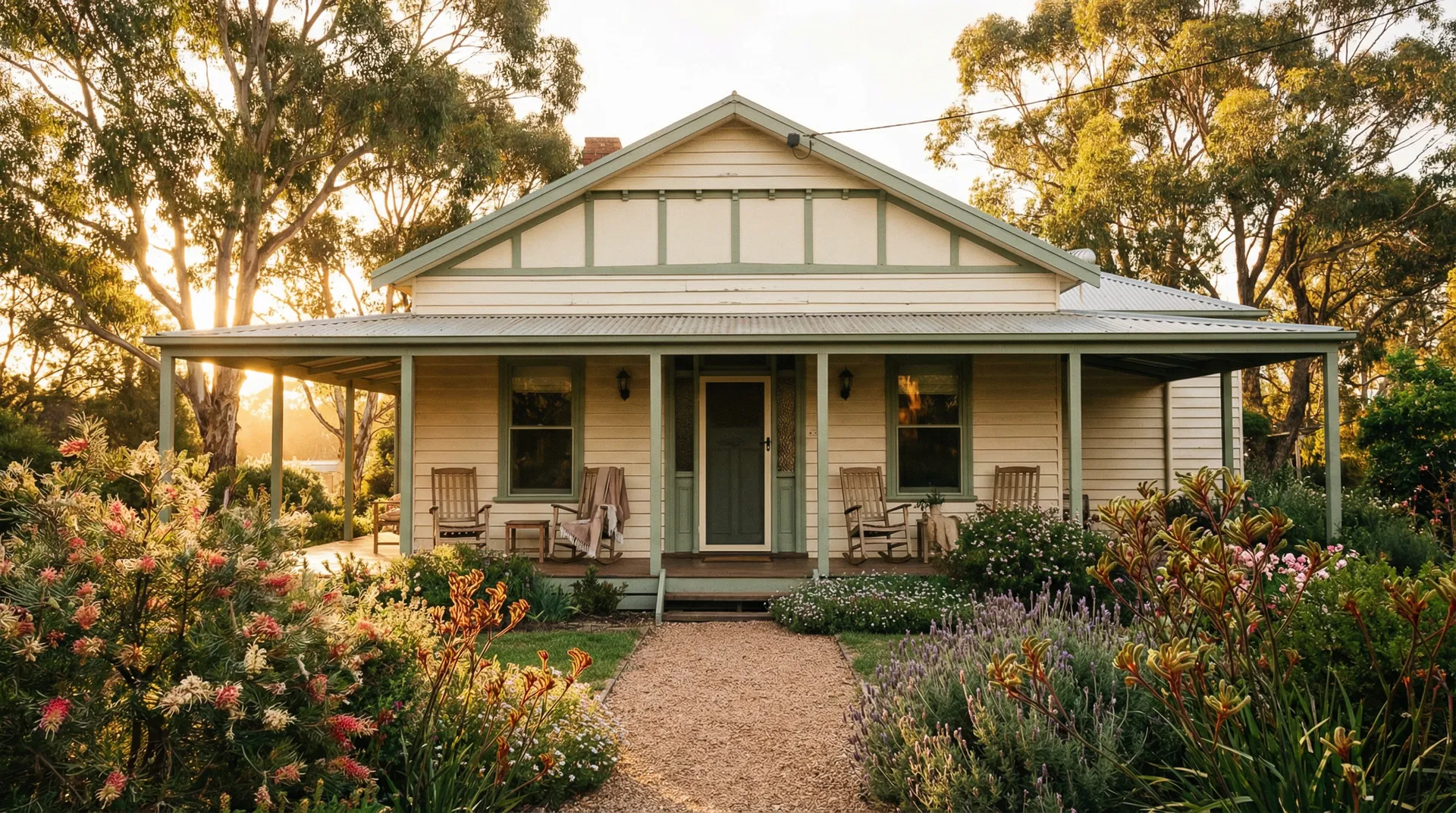 Beautiful Australian heritage cottage with garden at sunset