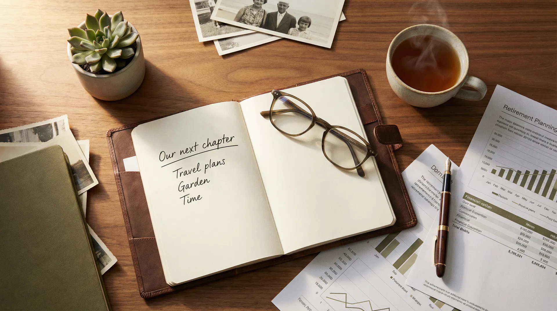 Retirement planning flat-lay with notebook, glasses, and tea