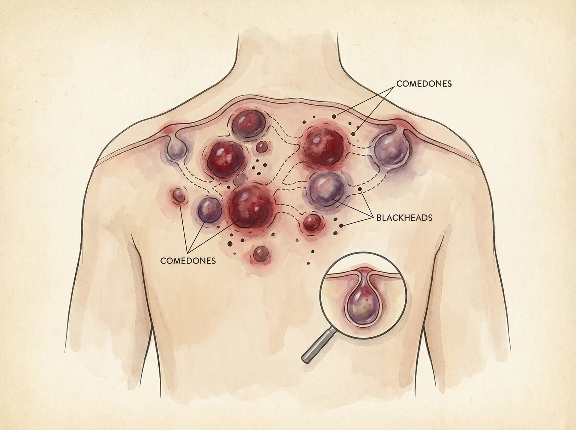 Medical illustration of acne conglobata showing deep nodules and comedones on back