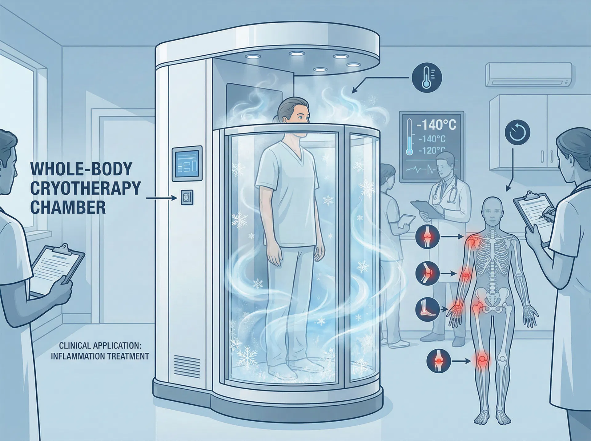 Whole-body cryotherapy chamber in a clinical setting showing a patient undergoing treatment at -140 degrees Celsius