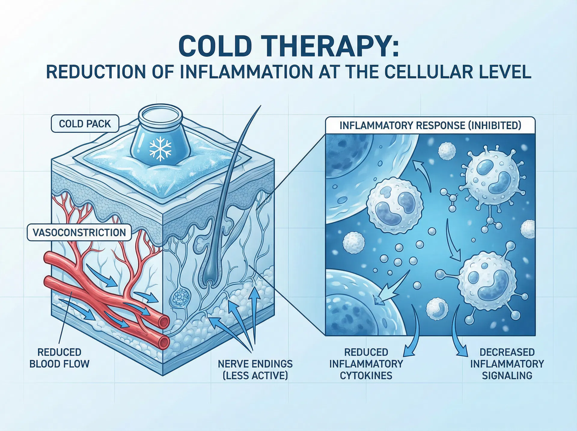 Medical diagram showing how cold therapy reduces inflammation at the cellular level through vasoconstriction and reduced inflammatory cytokine activity