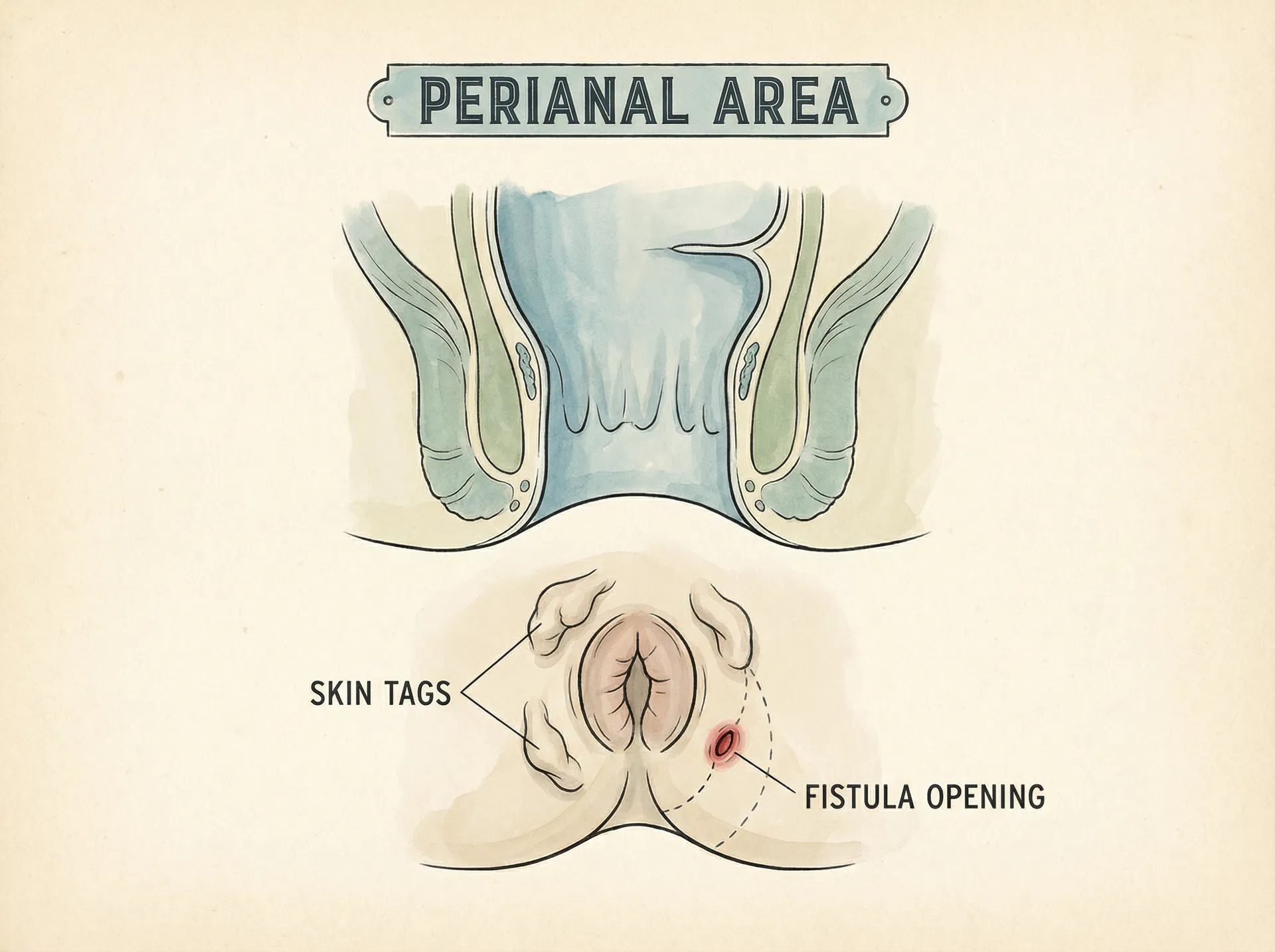 Medical illustration of Crohn's disease perianal skin lesions and fistula