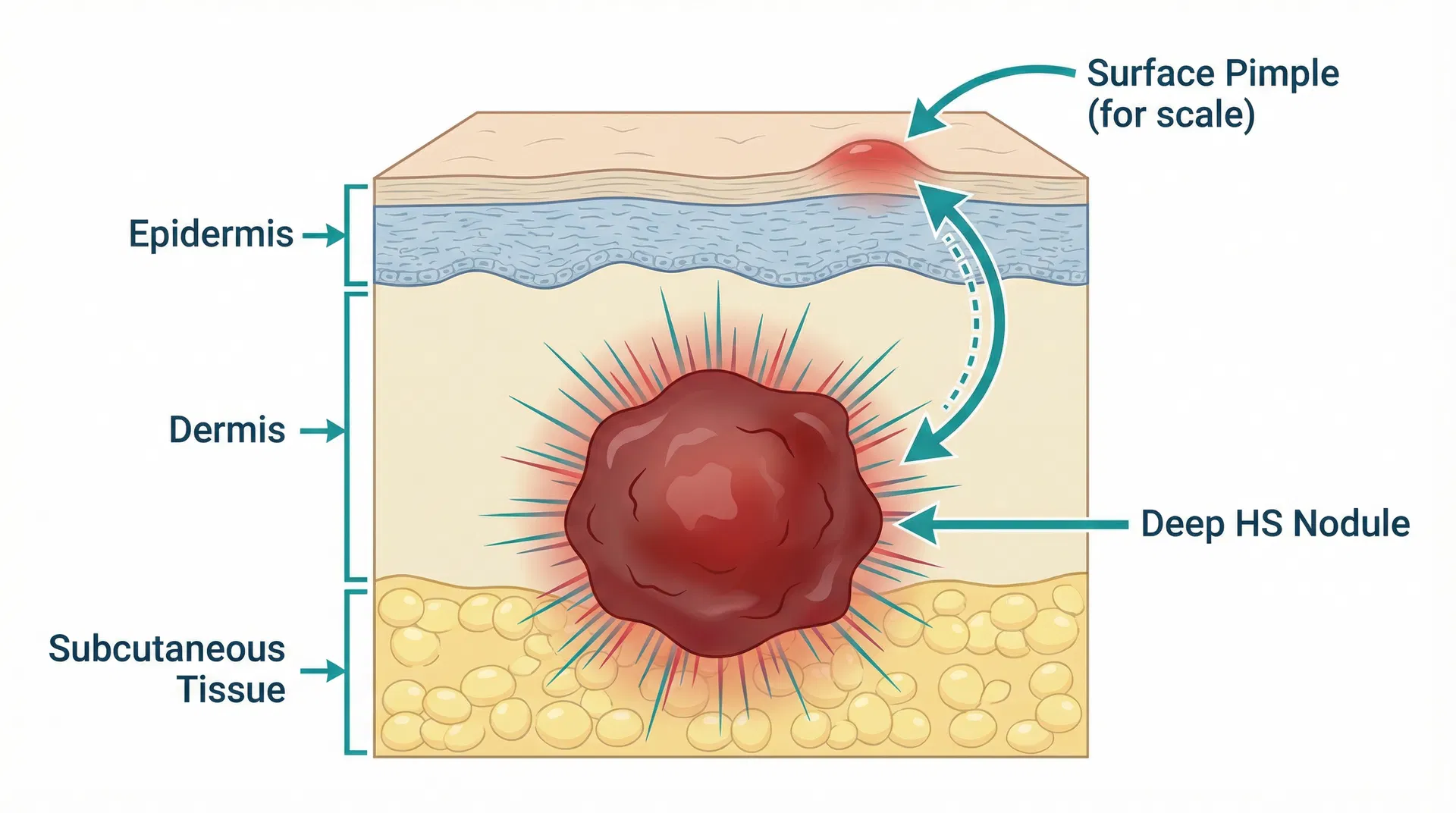 Cross-section illustration showing a deep HS nodule in the dermis compared to a surface pimple