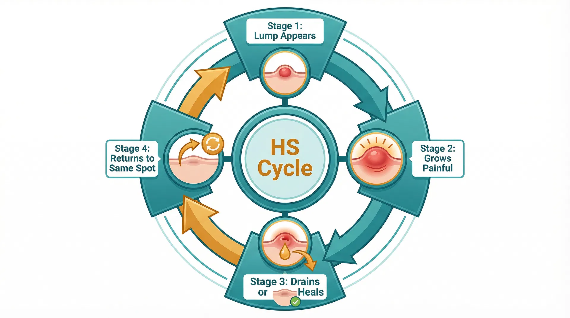 Circular diagram showing the 4-stage HS recurrence cycle: lump appears, grows painful, drains, returns to same spot