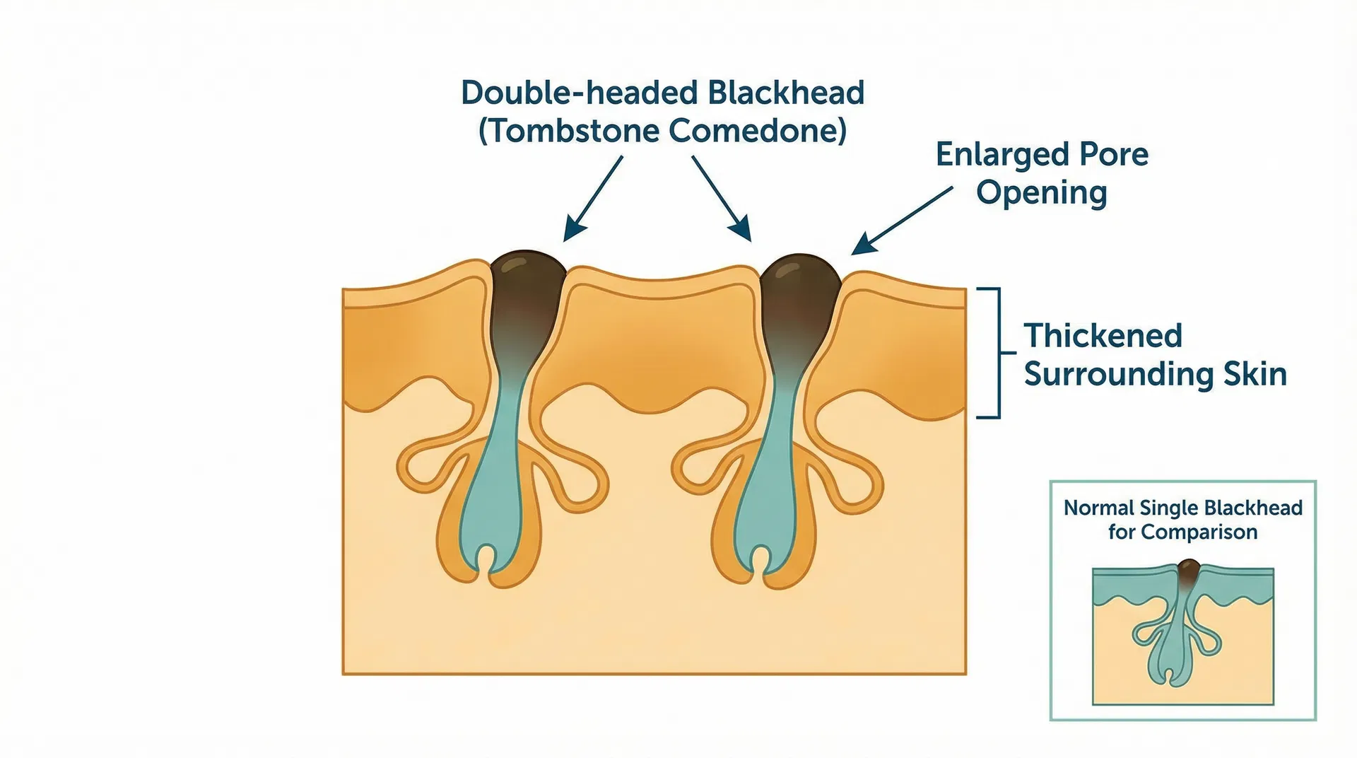 Close-up illustration of tombstone comedones (double-headed blackheads) characteristic of HS