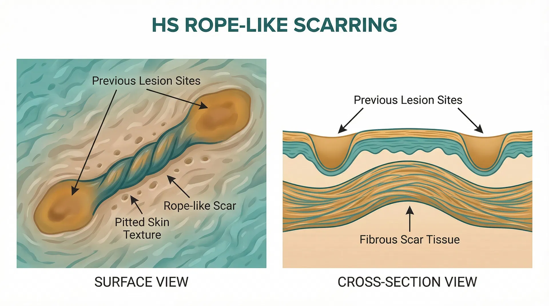 Illustration showing HS rope-like scarring: surface view with cord-like scars and cross-section showing fibrous scar tissue