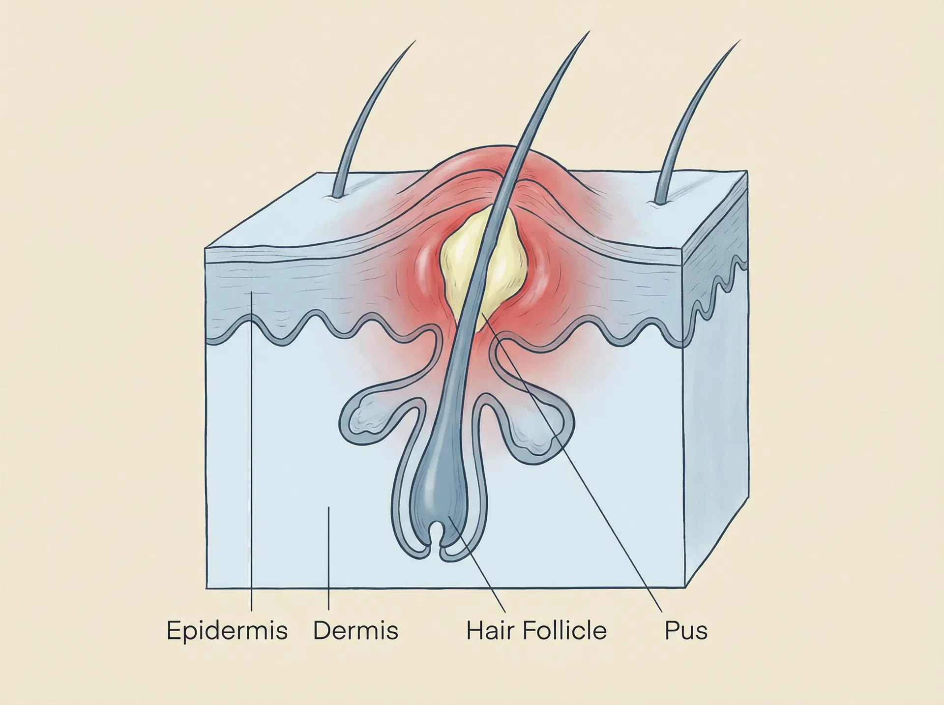 Medical illustration of a furuncle (boil) - infected hair follicle with pus