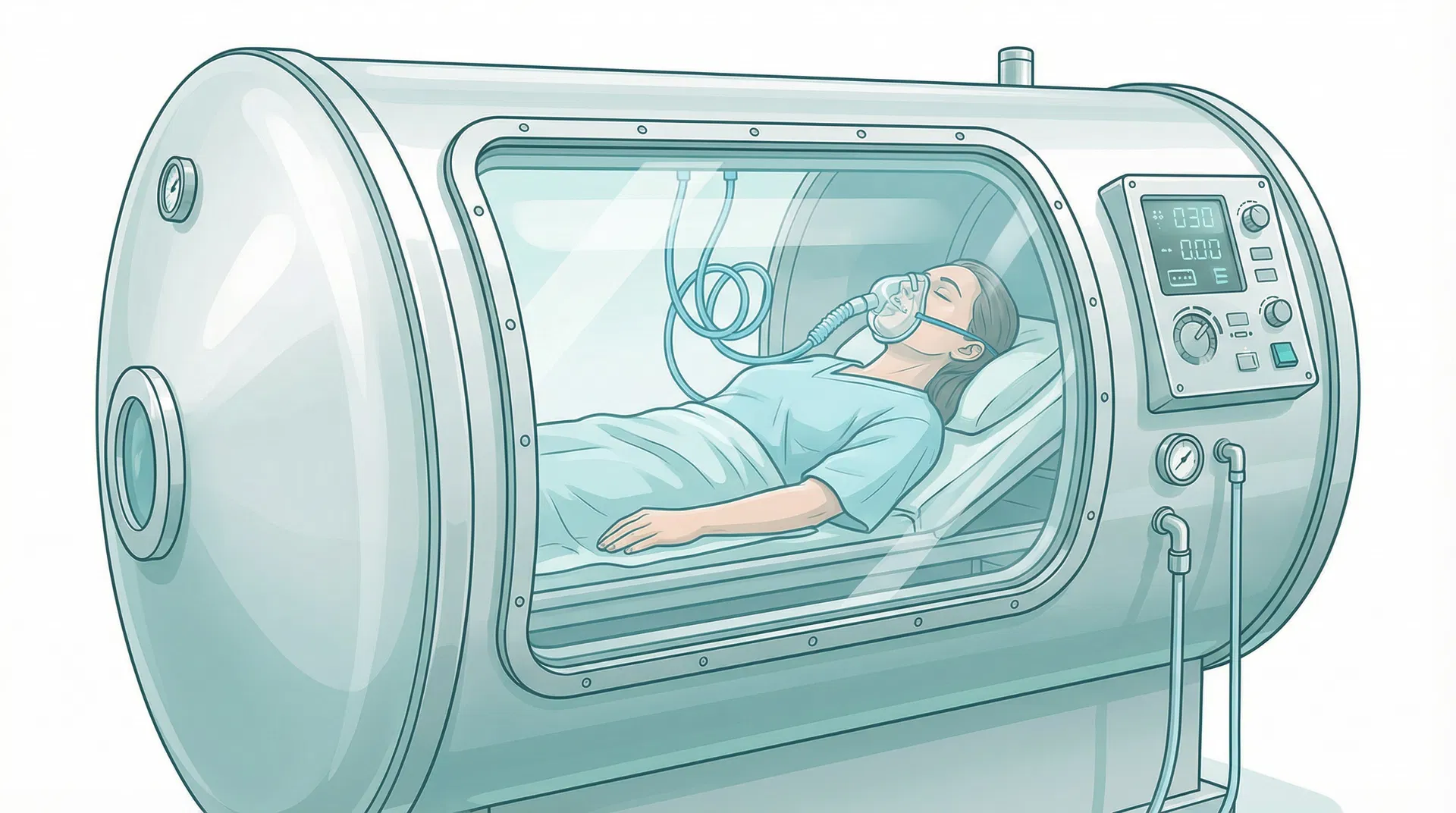 Illustration of a hyperbaric oxygen therapy chamber with a patient inside