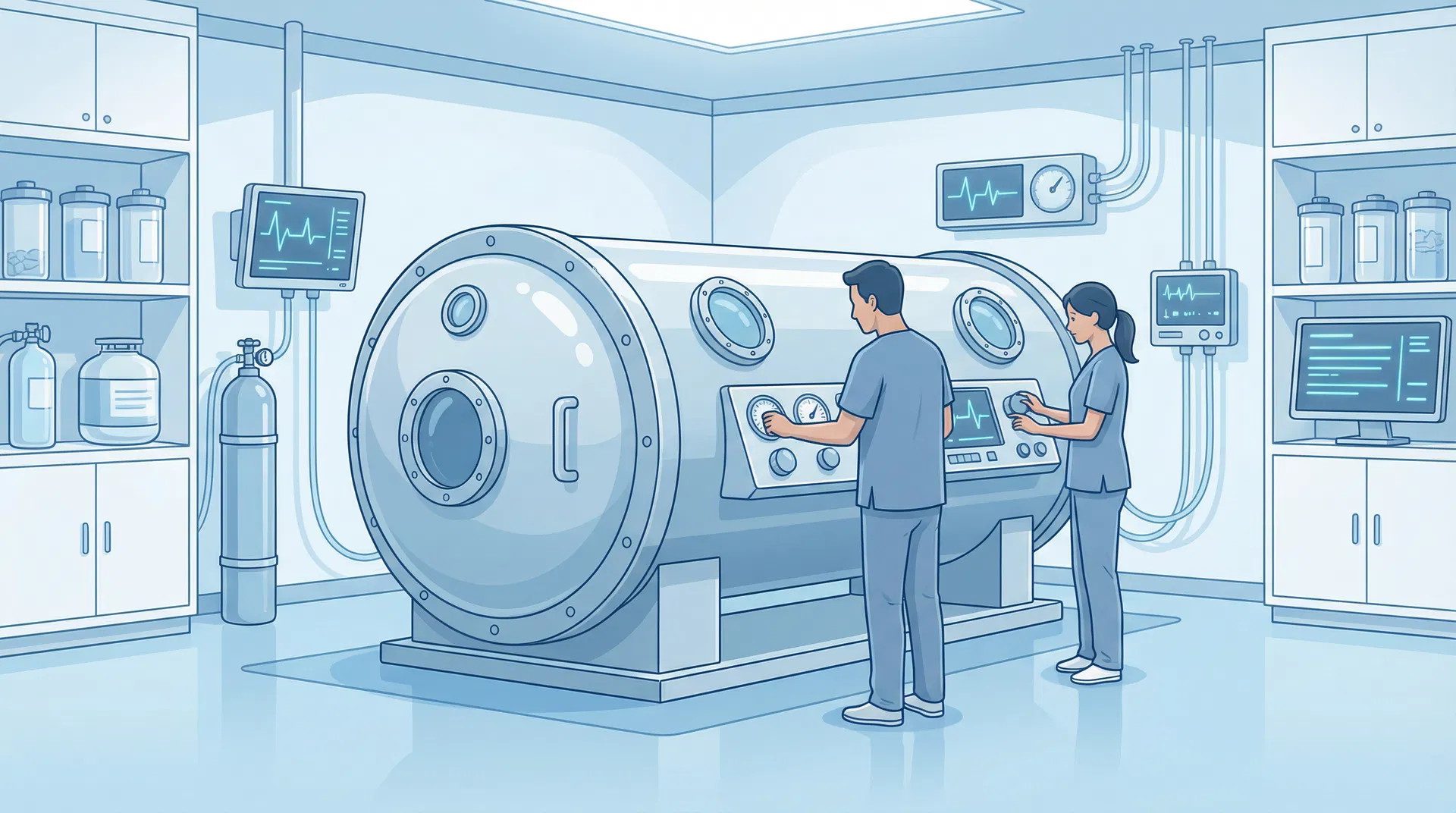Illustration of a professional hyperbaric oxygen therapy facility with medical staff